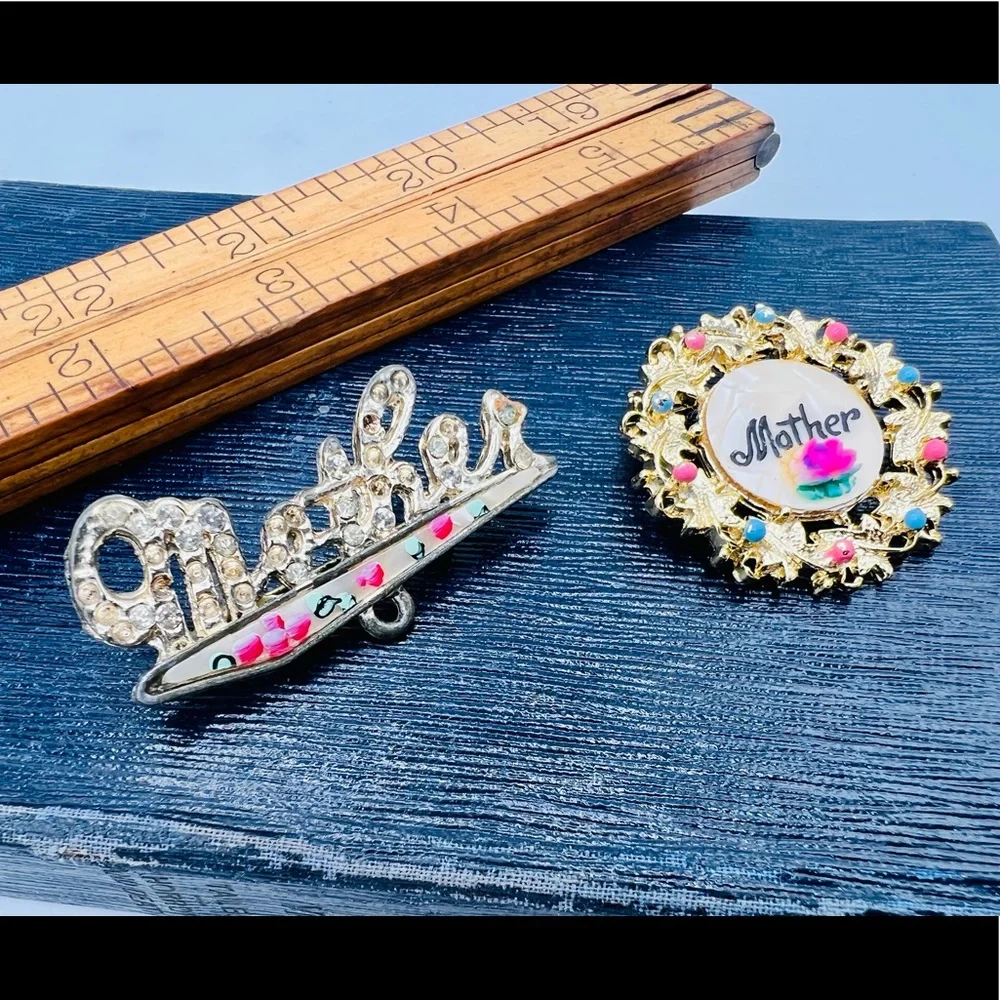 2 vintage “Mother” word brooch pins gold mother of pearl